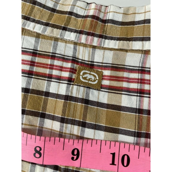 Ecko Mens L Earth Tone Plaid Cranberry Stripe Button Front Short Sleeve Shirt - Picture 7 of 10